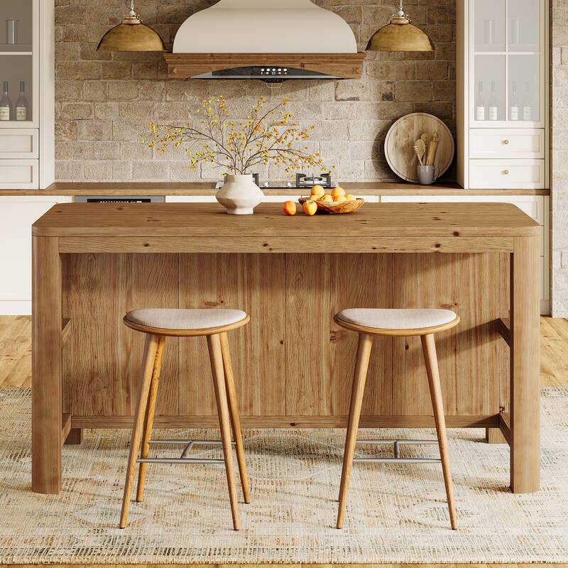 63 Inch Solid Wood Kitchen Island Table with Storage Shelves