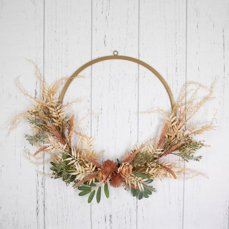 Fall Harvest Pale Roses with Foliage Artificial Wreath, 24-Inch, Unlit