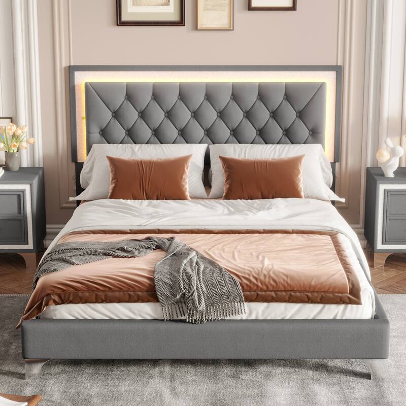 Queen Size LED Upholstered Bed Frame with Tufted Headboard, Modern Velvet Platform Bed, Gray