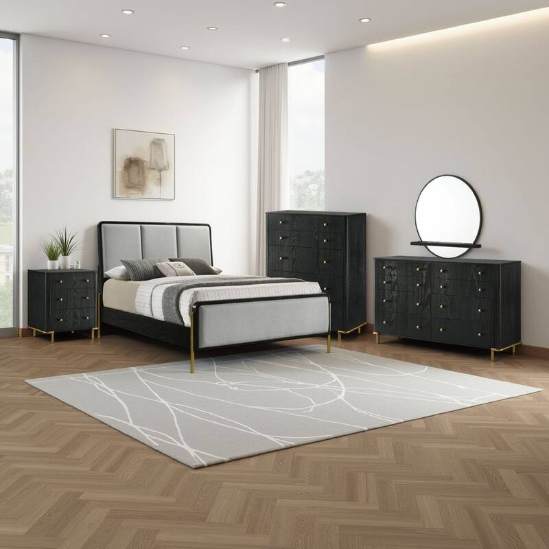 Fij 5pc Queen Bedroom Set, Dresser Chest, Padded Gray Upholstery Black