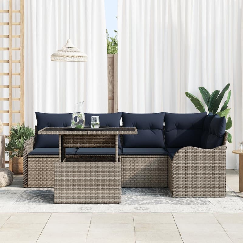 vidaXL 6 Garden Sofa Set with Cushions Black/Brown/Grey Poly Rattan - 91.5 x 48.2 x 27.2
