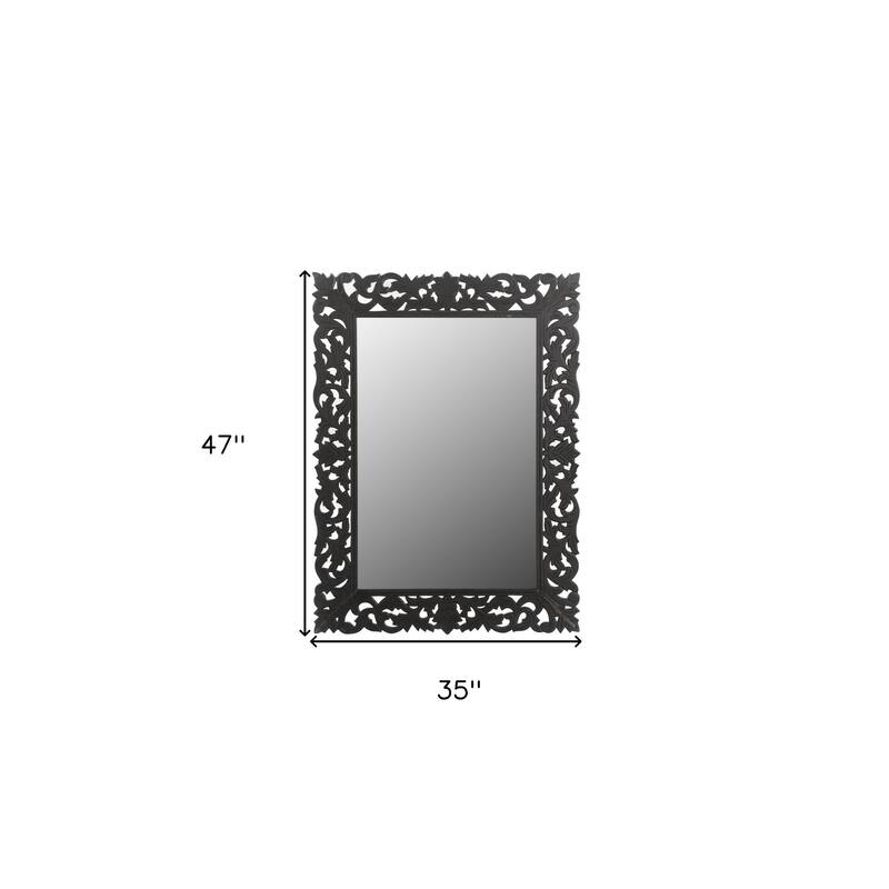 HomeRoots 47" Black Floral Carved Solid Wood Framed Accent Mirror - 35' X '47' X '1