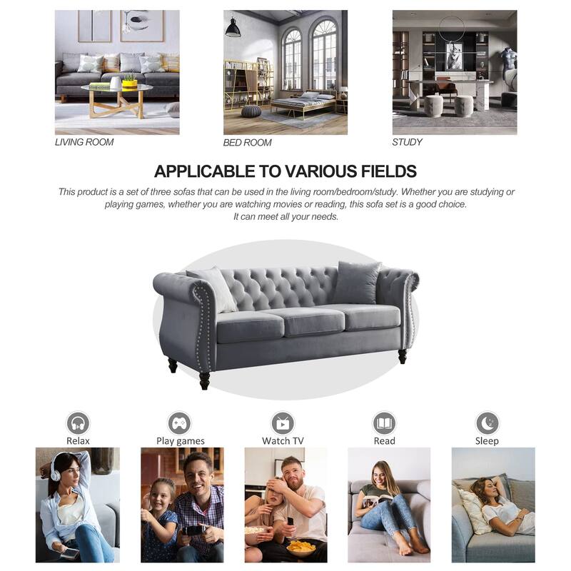 Chesterfield Black Velvet Sofa - 3-Seater Tufted Couch with Rolled Arms and Nailhead Trim, Includes Two Pillows for Living Room