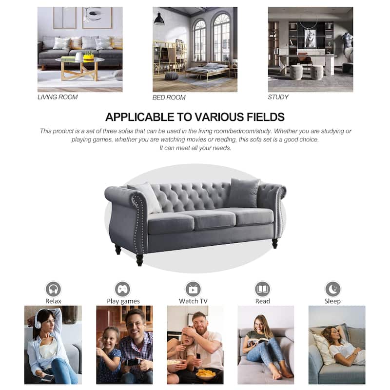 Velvet Upholstered 3 Seater Sofa, Button Tufted Sofa with 2 Pillows, Lounge Sofa with Rolled Arms & Nailhead Trim