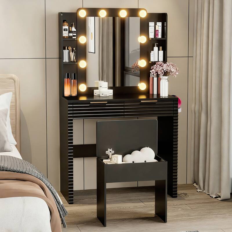 Makeup Vanity with 10 Hollywood Bulb Lights & Charging Station, Fluted Dressing Table with Storage Stool