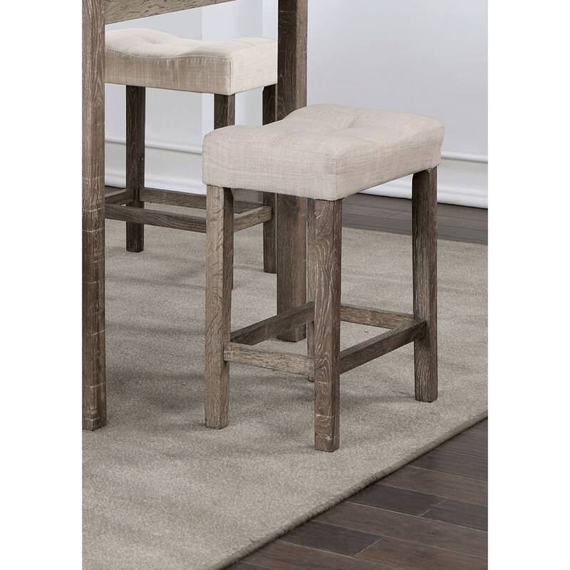 5-Piece Counter Height Dining Set with Gray Table and Beige Linen-like Upholstered Stools, Farmhouse-Inspired Rustic Charm