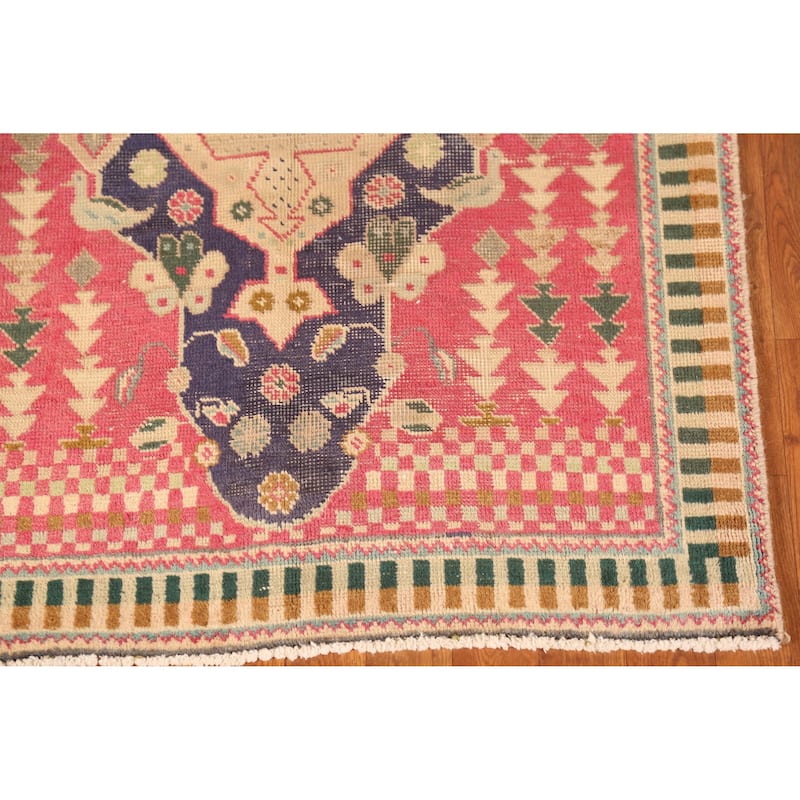 Hand Knotted Oriental 100% Wool Carpet Traditional Geometric Pink Tabriz Runner Rug - 9' 7'' X 3' 3''