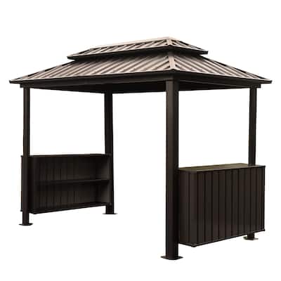 6x10FT Hardtop Grill Gazebo, BBQ Gazebo with Double Galvanized Steel Roof, Patio Grill Canopy with 2 Cabinets and Ceiling Hooks