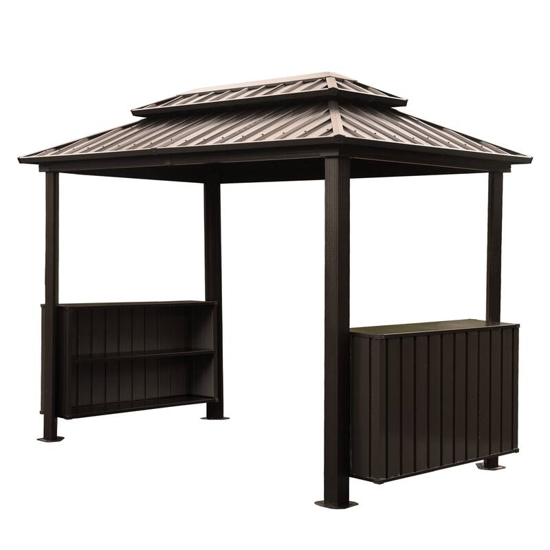 6x10FT Hardtop Outdoor BBQ Gazebo with Galvanized Steel Roof, Storage Cabinets & Ceiling Hooks for Backyard Grilling - Brown