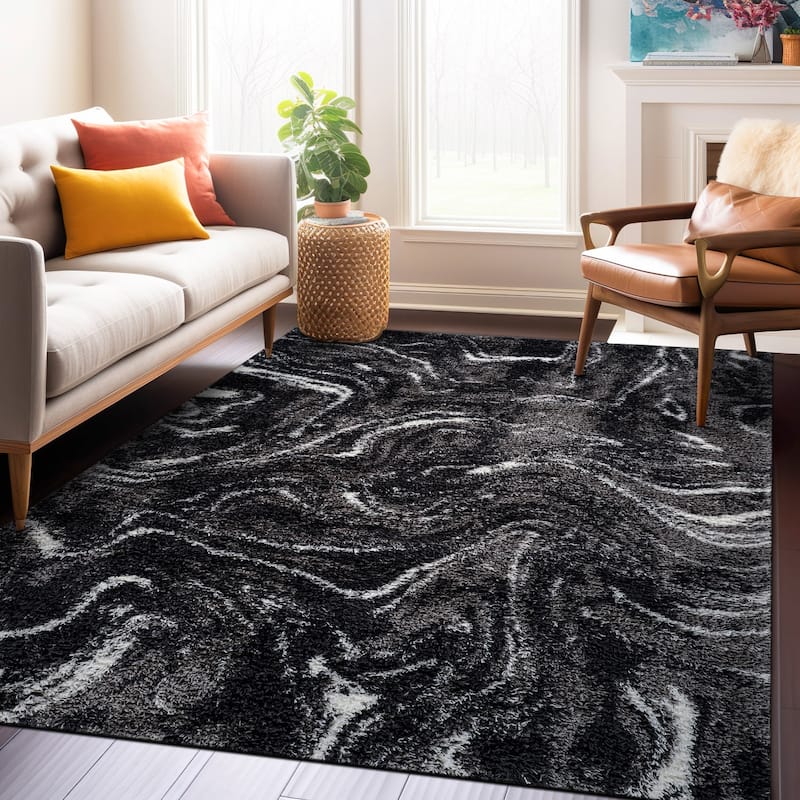 Abstract Marble Shag Rug - Anthracite Dark Gray - Plush Medium Pile, Durable with Jute Backing - Anthracite - 5' x 7'