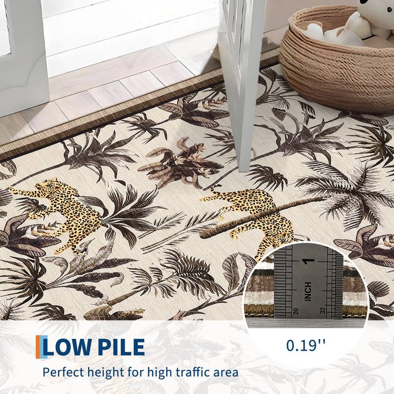 Living Room Rug Jungle Tiger Area Rug Plant Rugs Low Pile Non Shedding Soft Accent Carpet for Bedroom, Dining Room