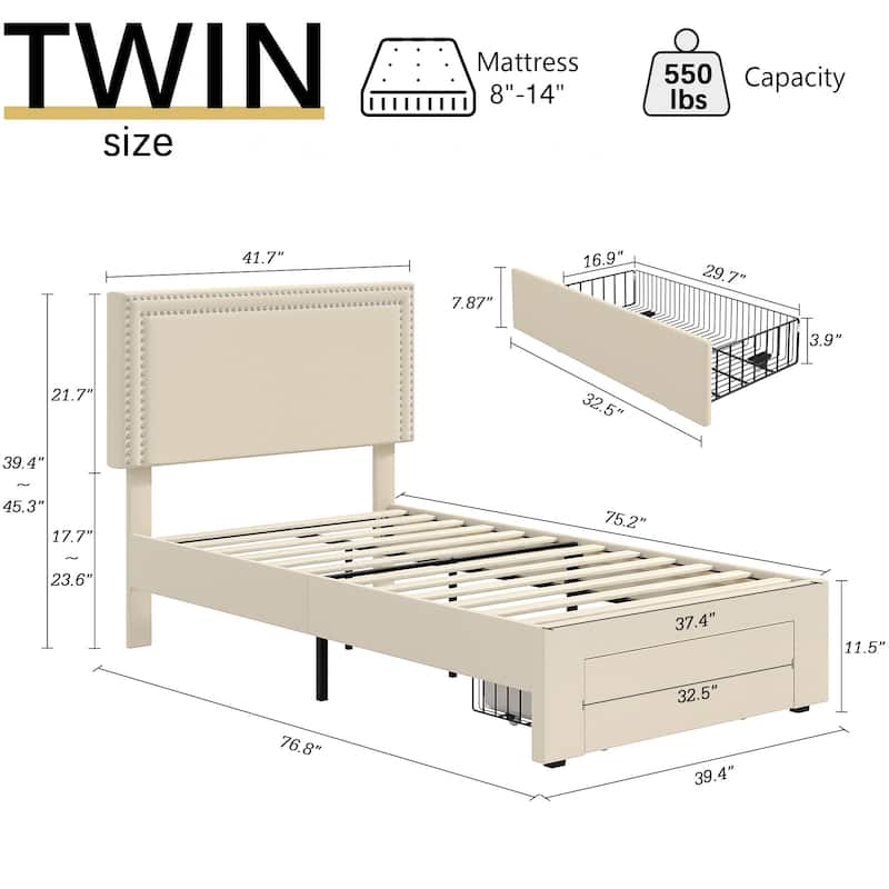 VECELO Set of 2 Twin Beds with Rolling Underbed Drawer Height Adjustable Headboard Rivet-Trimmed Headboard Twin Beds