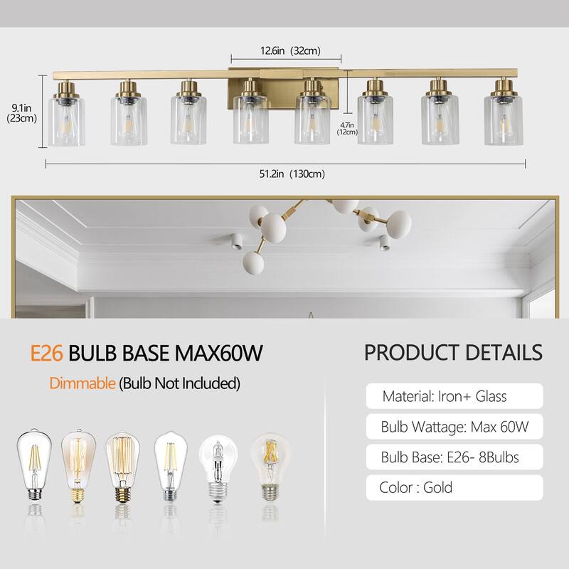 51" 8-Light Vanity Light with Clear Glass Shades, Modern Iron Metal Bathroom Wall Fixture for Mirror(No Bulbs) - Coppery
