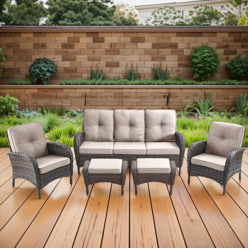 Gymojoy 5-Piece Outdoor Wicker Patio Furniture with 3 Seat Sofa, Rattan Coversation Set with Water Resistant Cushions - Brown Wicker / Beige Cusion - 5-Piece