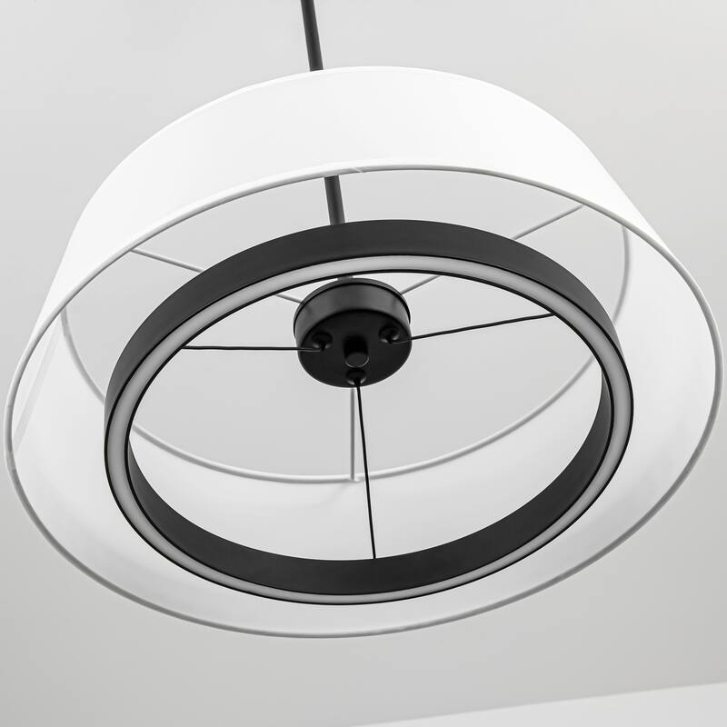 Modern Black Drum Fabric Integrated LED Pendant Light, Cylinder White Kitchen Island Lighting - 18.11 in. Dia. x 5.71 in. H