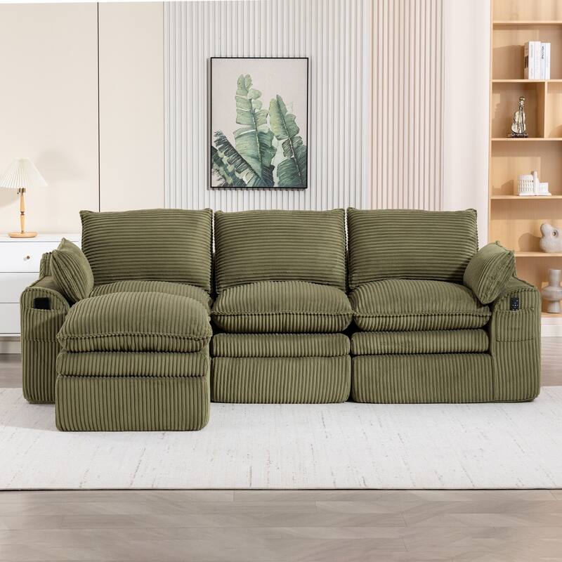 103" L-Shaped Corduroy Boneless Sectional Sofa with Movable Ottoman