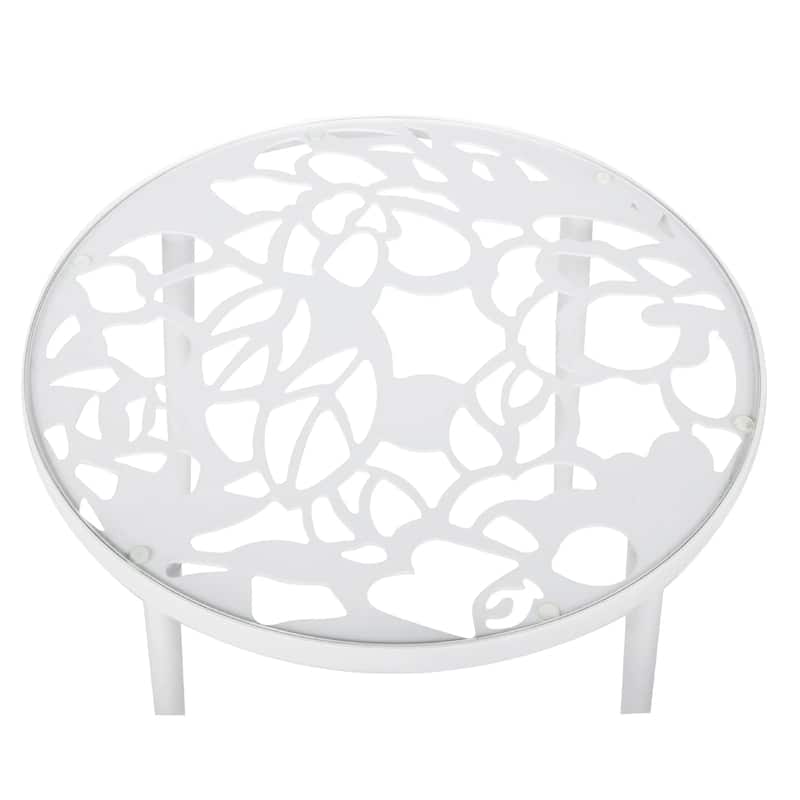 Devon Decorative Modern Floral Cutout Glass Top Patio Coffee Side Table with Aluminum Frame for Indoor Outdoor - 23 x 23