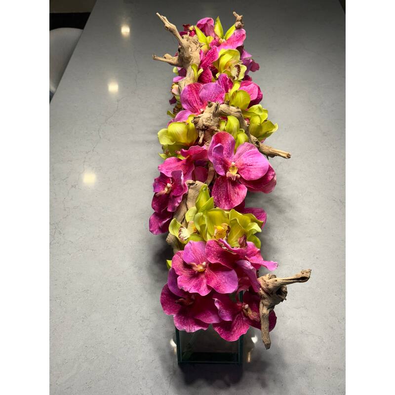 Casa Moderna Glass Planter With Pink Vandas And Green Cymbidiums