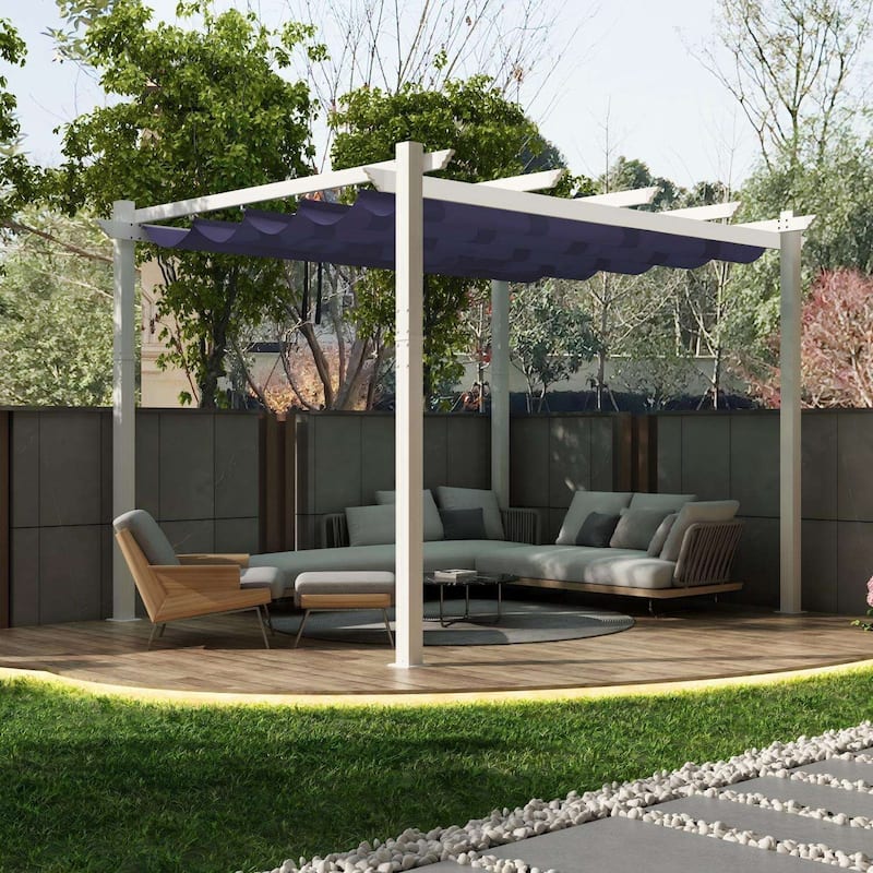 PURPLE LEAF Gazebo White Aluminium Outdoor Retractable Pergola with Canopy Cover