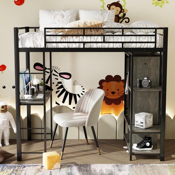 slide 2 of 34, Twin Size Metal Loft Bed with Built-in Wardrobe, Desk and Shelves Black - Twin