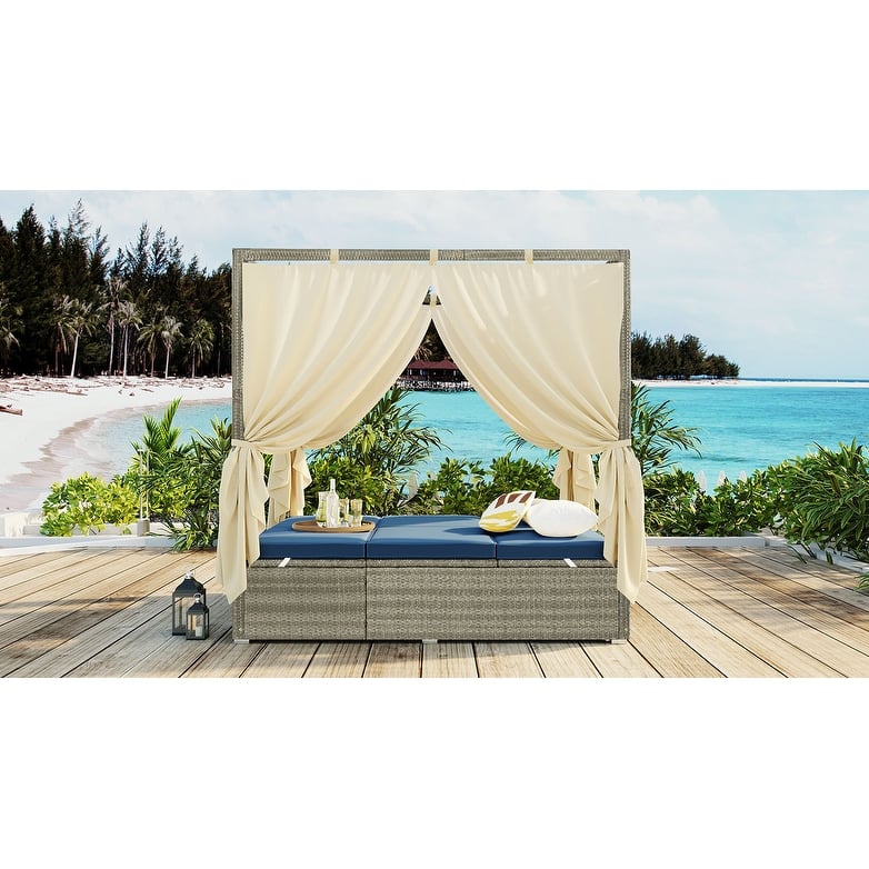 Outdoor Rattan Canopy Daybed Sunbed with Curtain & Adjustable Seat