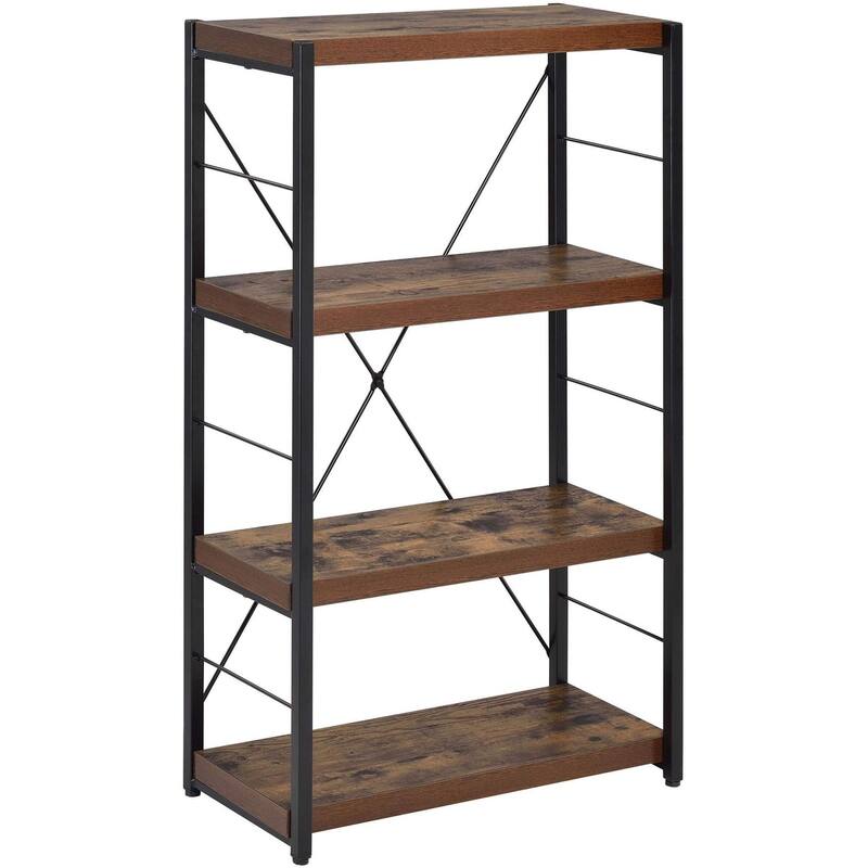 Four Tiered Metal Framed Wooden Bookshelf, Weathered Oak Brown and Black - 42.52 H x 11.02 W x 23.62 L Inches - Brown and Black