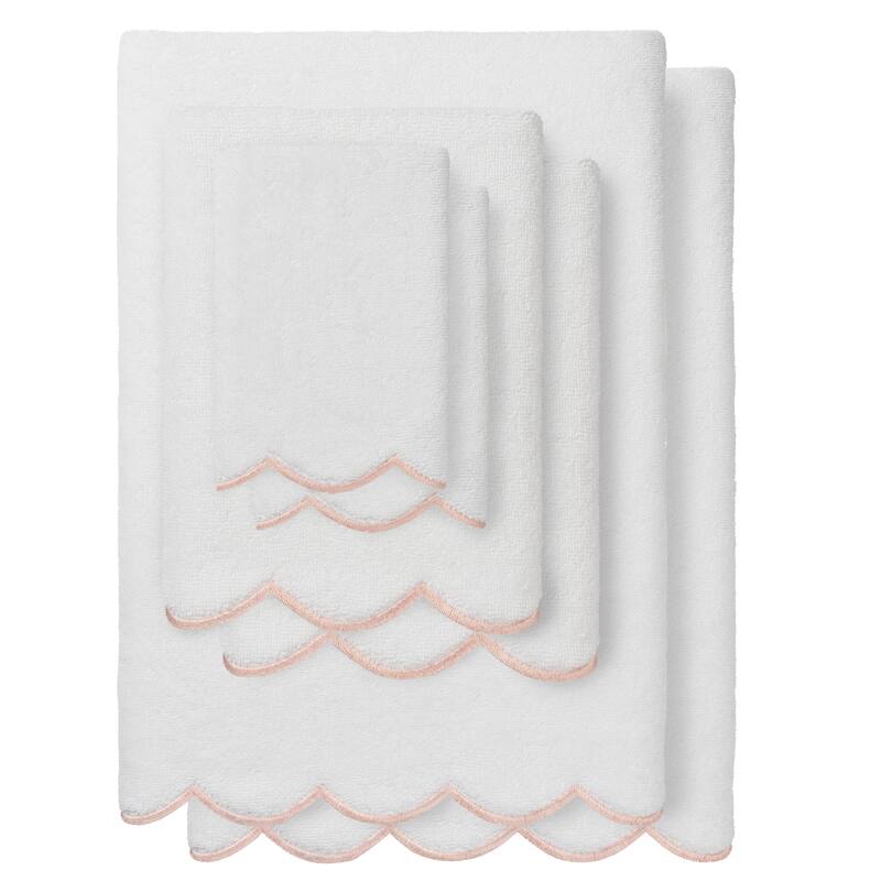 Authentic Hotel and Spa 100% Turkish Cotton ADORNIA Scallop Towel Set - White/Pink - 6 Piece Set