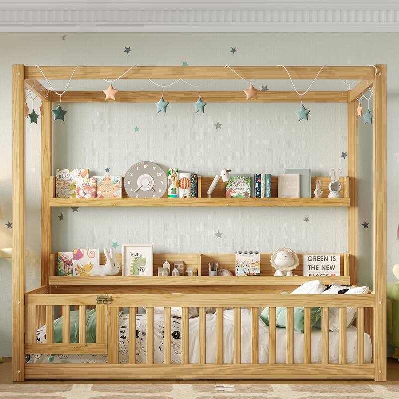 Montessori-Inspired Design Canopy Bed Kids Solid Wood Floor Bed Frame with Built-in Storage Shelves and Child-Safe Guardrails - Natural - Twin