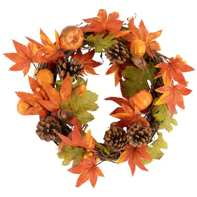 Orange Foliage Pine Cones Pumpkins Autumn Harvest Wreath 10 Inch Unlit