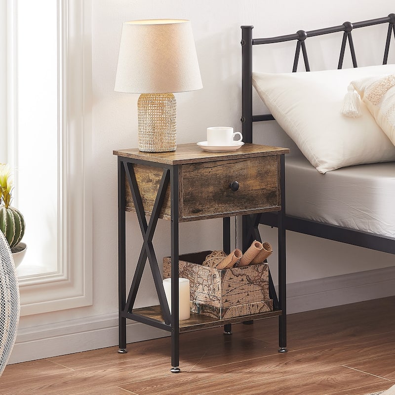 VECELO Modern Nightstand 1-Drawer with Storage Shelf, End Table/Side Table - Antique Brown