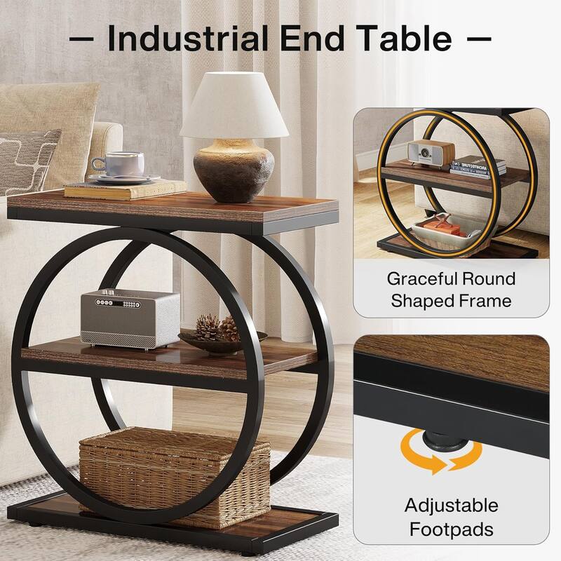 Industrial Narrow End Table with 3 Shelves - 23.6" Slim Side Table for Small Spaces, Dark Brown Wood & Black Metal Frame