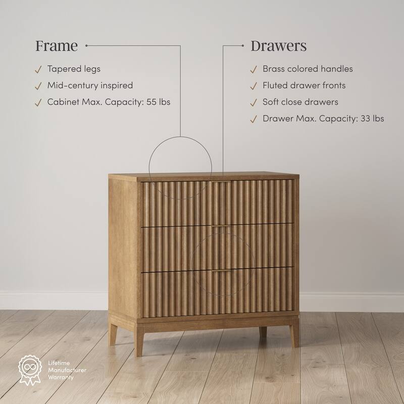 Jasper Mid-Century Modern 3-Drawer Dresser with Solid Wood Frame and Fluted Door Fronts