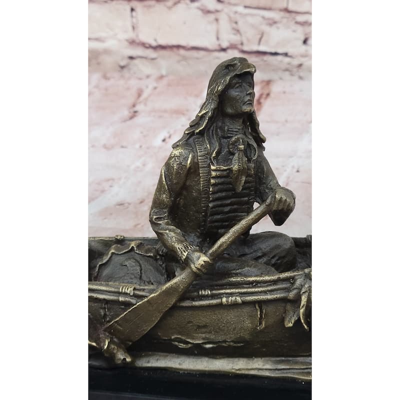 Native American Indian Man In Canoe Bronze Statue Sculpture Figure 7 Inches X 10 Inches