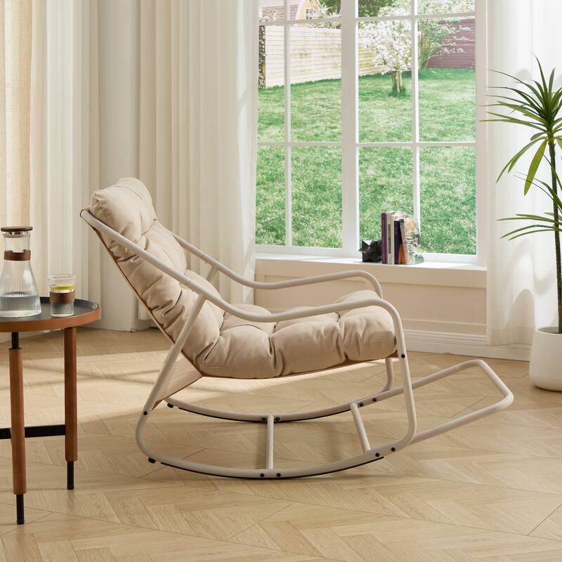 Outdoor Rocking Chair, Comfy Cushion, with Soft Thick Cushion,for Living Room, Bedroom, Reading Room, Black Frame with Cushion