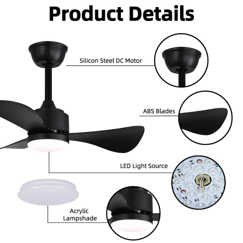 28 in. Modern Downrod Mount Ceiling Fan with 3-Color Light, 3 ABS Blades, Reversible DC Motor