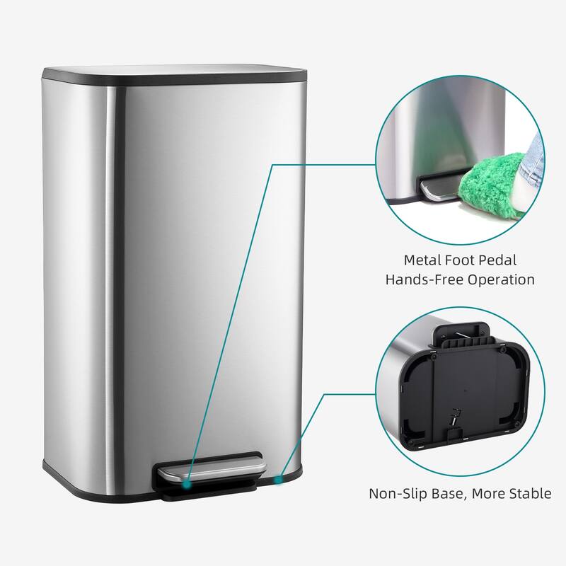 5.3 Gallon Stainless Steel Trash Can with Soft-Close Lid – Step-On Rectangular Garbage Bin