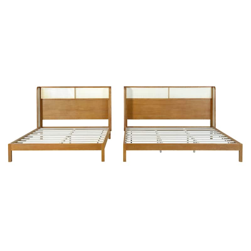 Queen Size Rubber Wood Platform Bed Frame with Headboard, Mid Century Modern Design