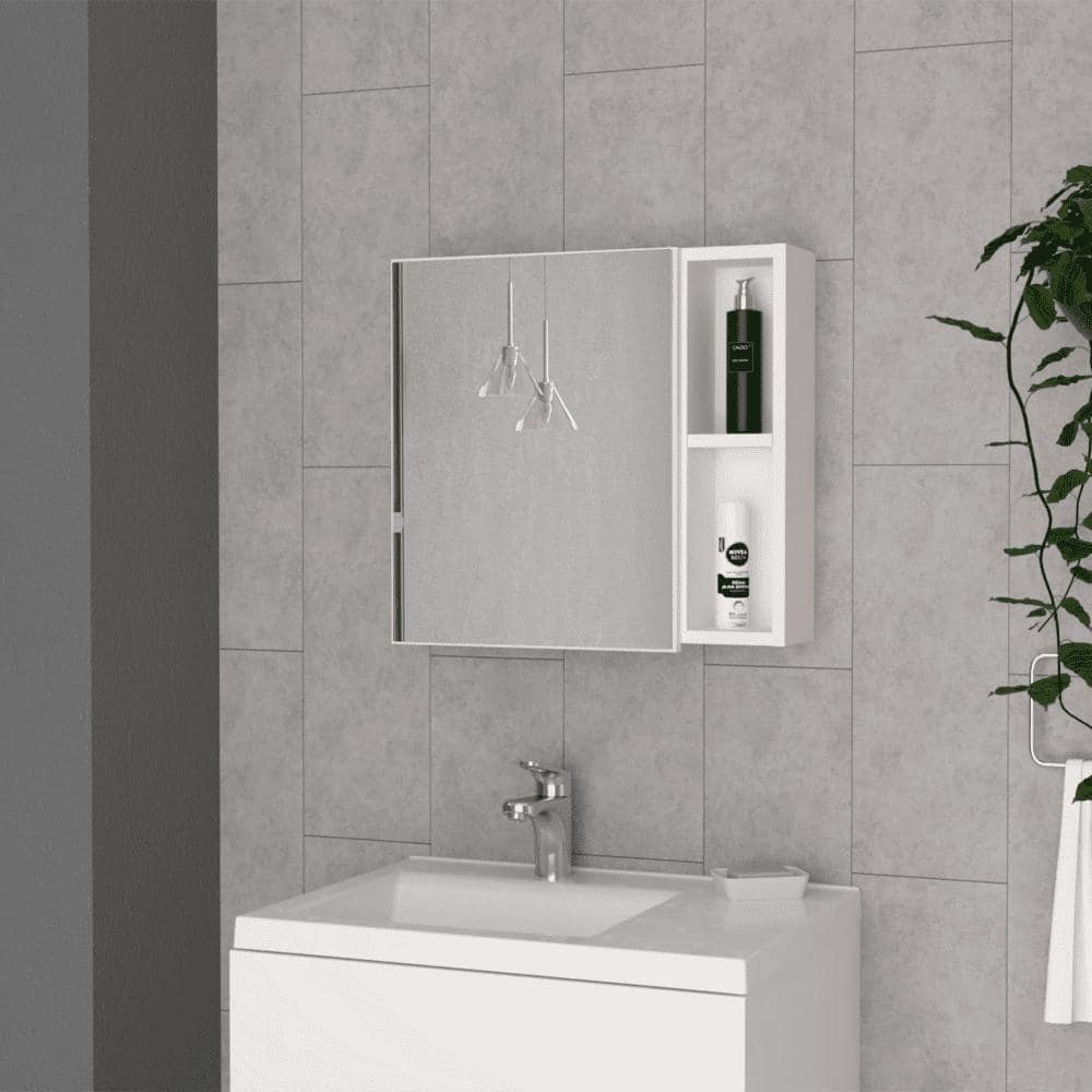 18" High Medicine Cabinet with Mirror, White Single Door Cabinet, Two External Shelves, Three Interior Shelves
