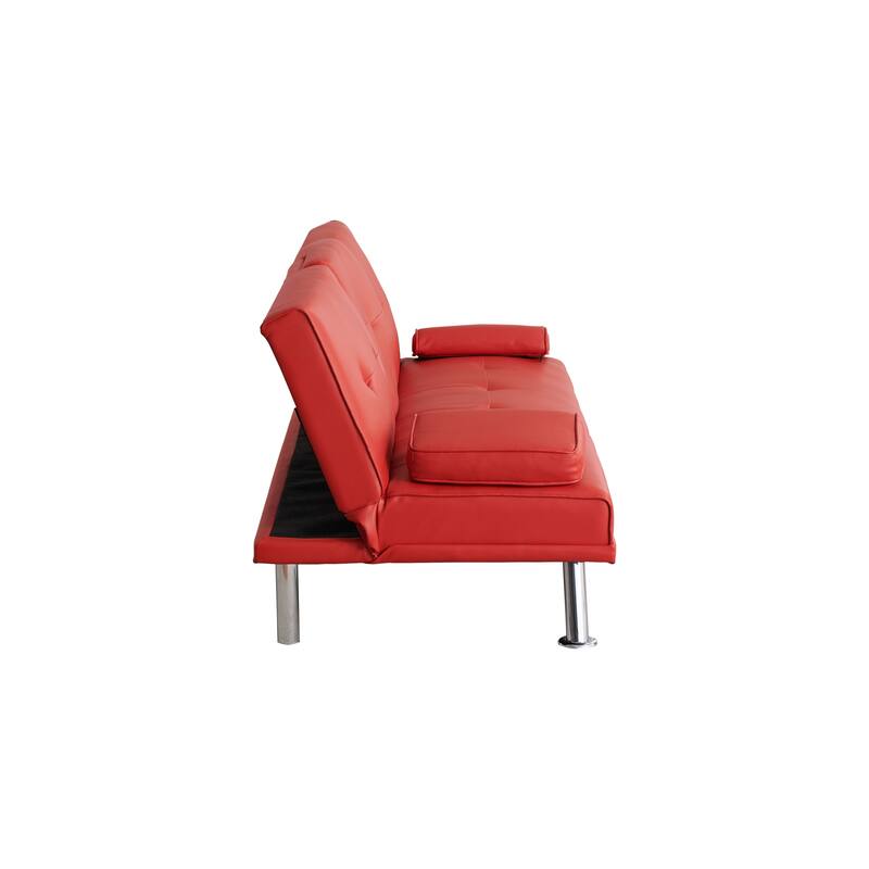 Roomfitters 67-Inch Red Faux Leather Convertible Futon Sofa Bed, Modern Sleeper Couch with Cup Holders for Small Spaces