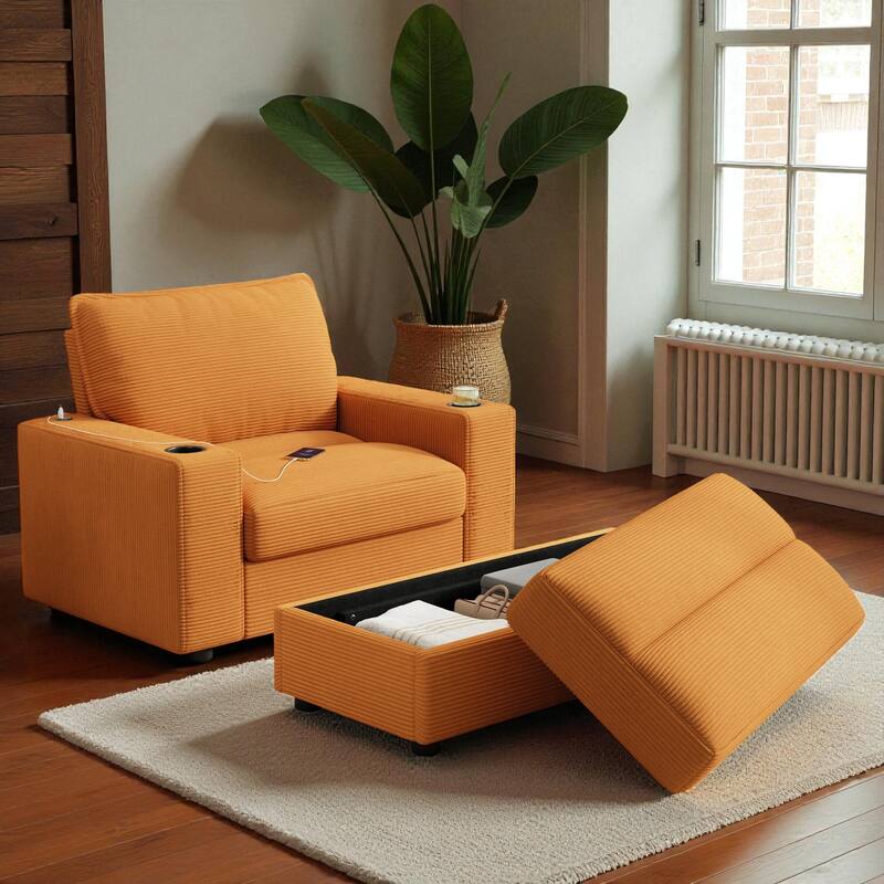 Oversized 42.8" Chaise Lounge Chair with Storage Ottoman, Corduroy Sleeper Chair with Cup Holders & USB Port for Living Room