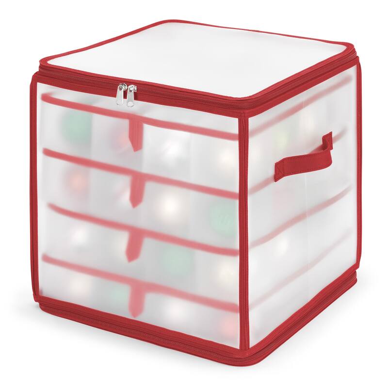 Whitmor Christmas Ornament Cube with 64 Compartments with Removable Trays - Frosty w/Red Trim