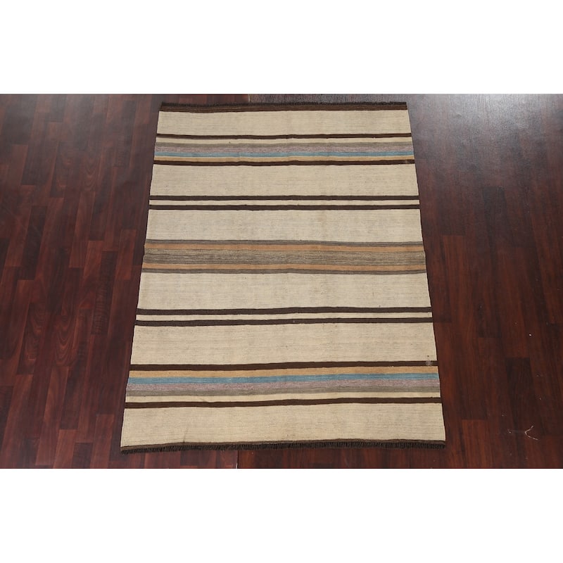 Natural Dye Striped Kilim Contemporary Wool Area Rug Flat-weave Carpet - 5'0" x 6'6"