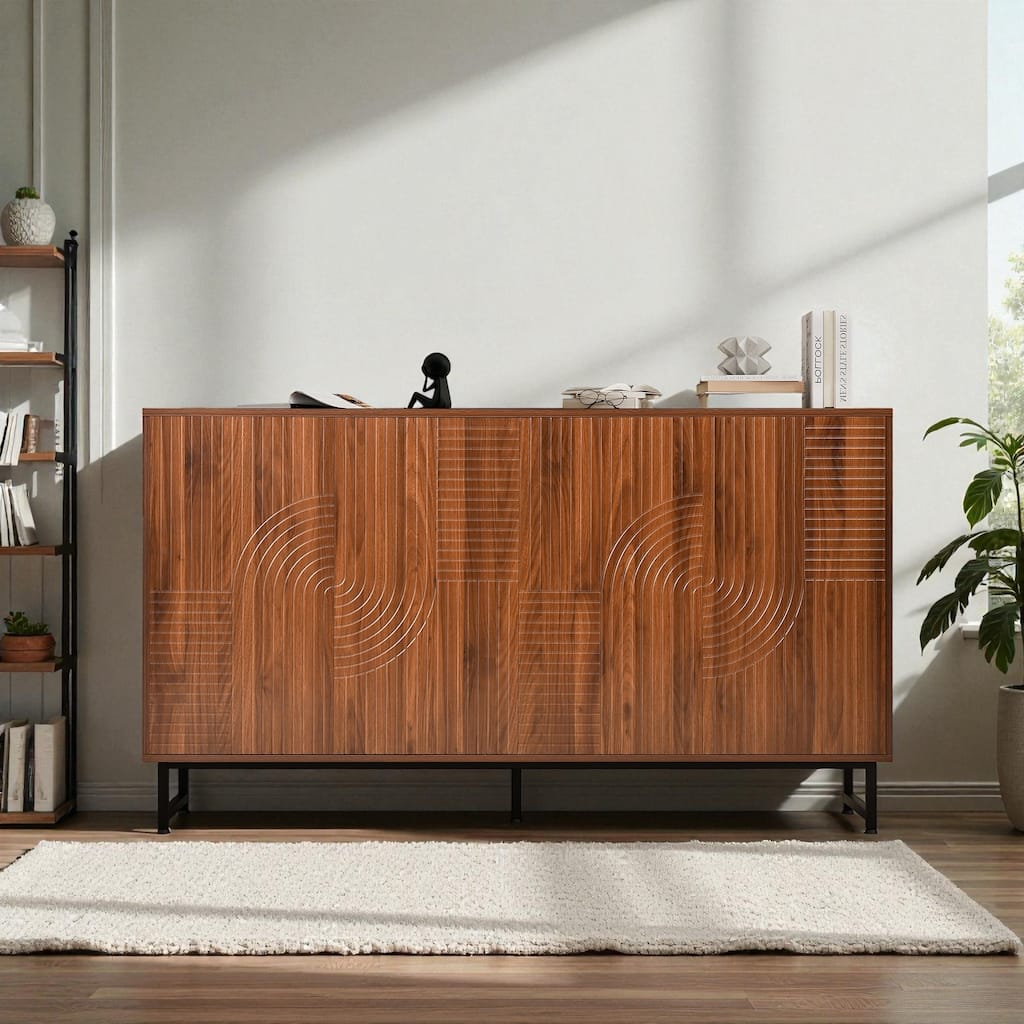 59" Mid-Century Modern Walnut Sideboard Buffet Cabinet, Geometric Carved Credenza with Metal Legs for Dining Room