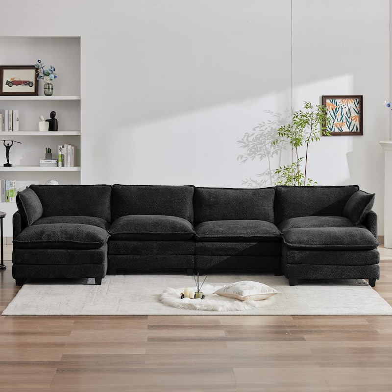 CLICKBIN Chenille Fabric Stragiht Arm L-Shaped Modular Sectional Sofa Couch with Ottoman for Living Room - Black-4 Seat