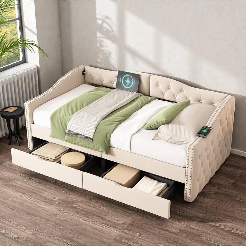 Twin Upholstered Daybed with Storage Drawers and USB Ports, Wood Daybed Frame, No Box Spring Needed