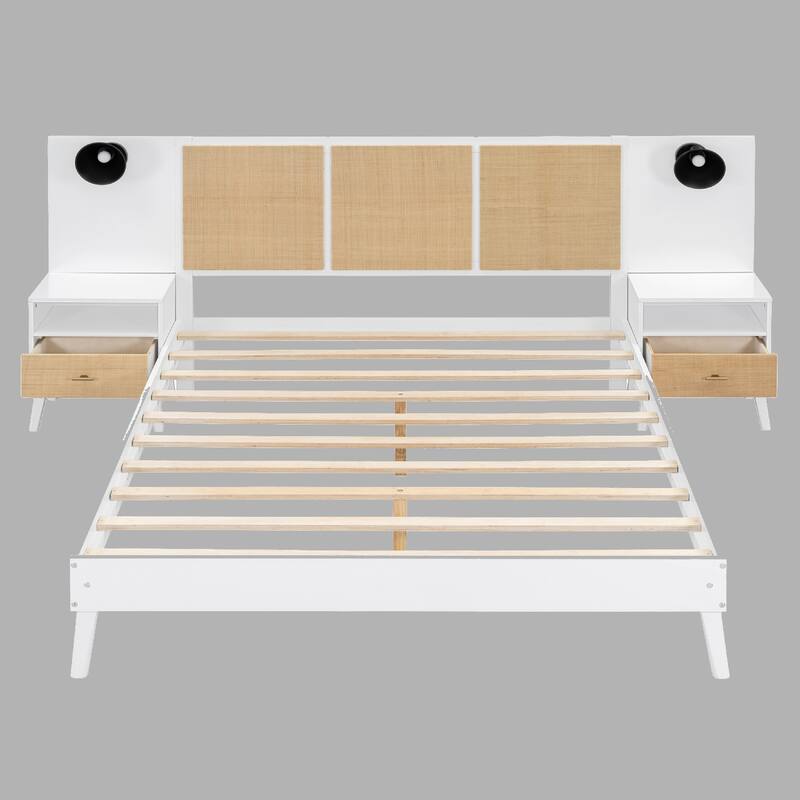 Queen Bed Frame with 2 Nightstands, Elegant Solid Wood Platform Bed with Lamps and Rattan Accents - White - Queen