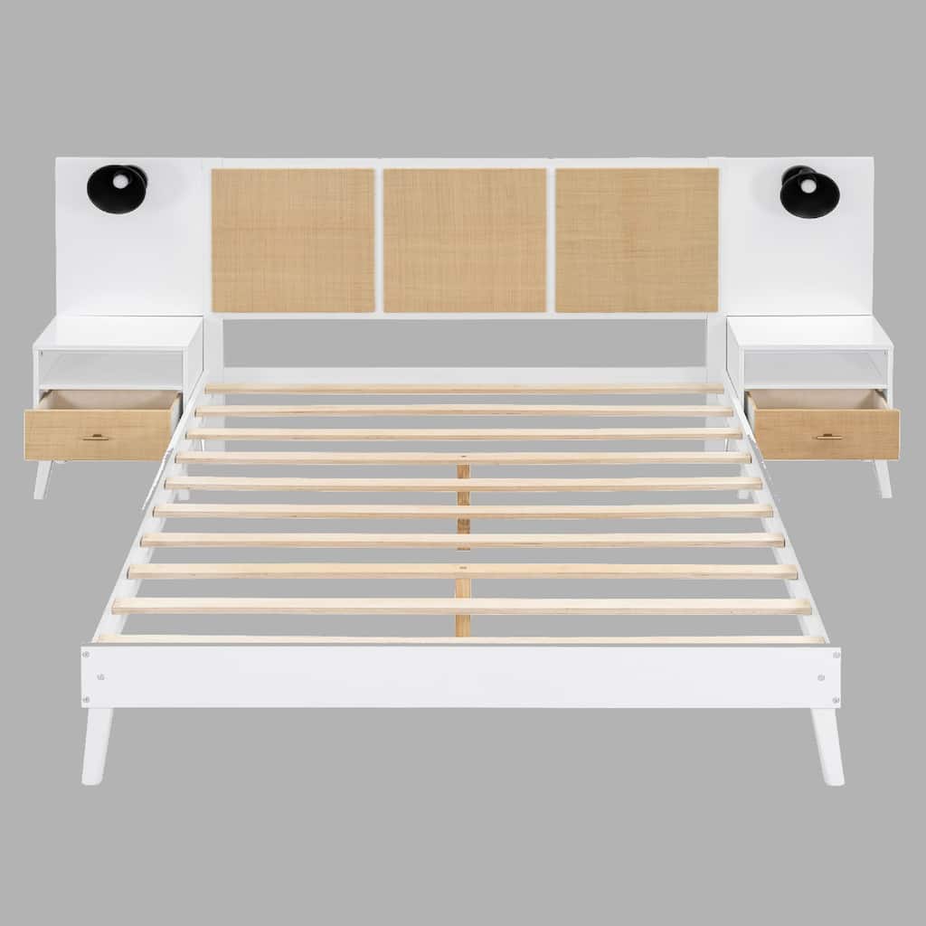 Queen Bed Frame with 2 Nightstands, Elegant Solid Wood Platform Bed with Lamps and Rattan Accents