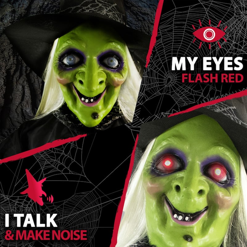 Haunted Hill Farm Life-Size Animatronic Witch | Indoor/Outdoor Halloween Decoration | Talking | Poseable | Battery-Operated