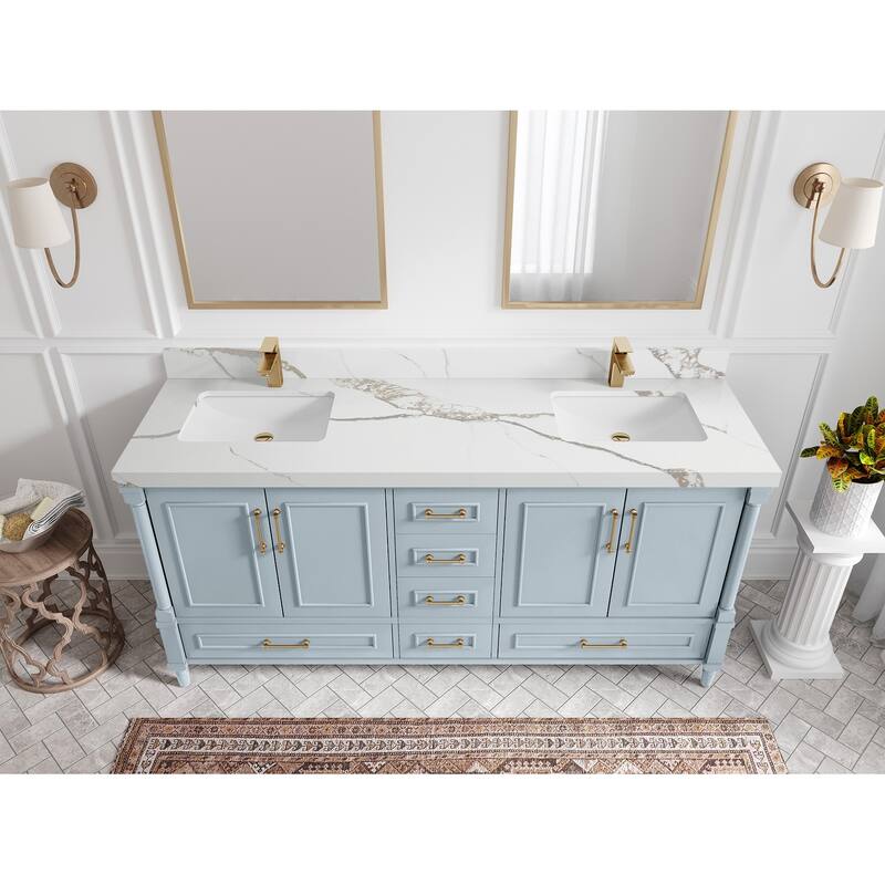 Willow Collections 72 in. W x 22 in. D Reeded Aberdeen Double Bowl Sink Bathroom Vanity with Countertop - 2”Calacatta Gold - Blue Heather