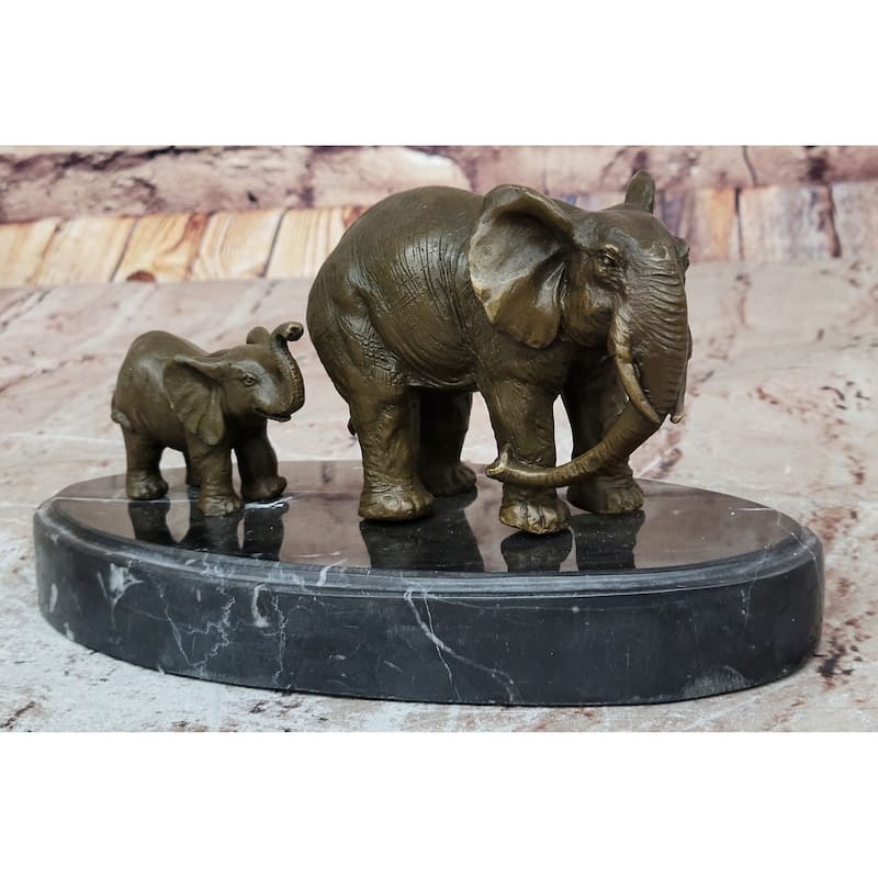 Mother And Child Imitative Elephant Calf Barye Bronze Sculpture On Marble Base